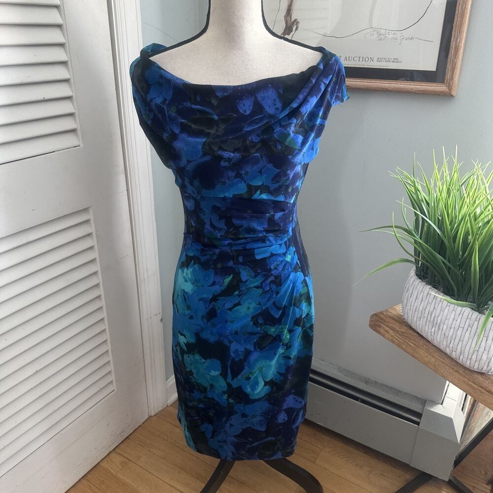 Ralph Lauren LRL Dress Womens 4 Blue Floral Cocktail Ruched Classic Evening